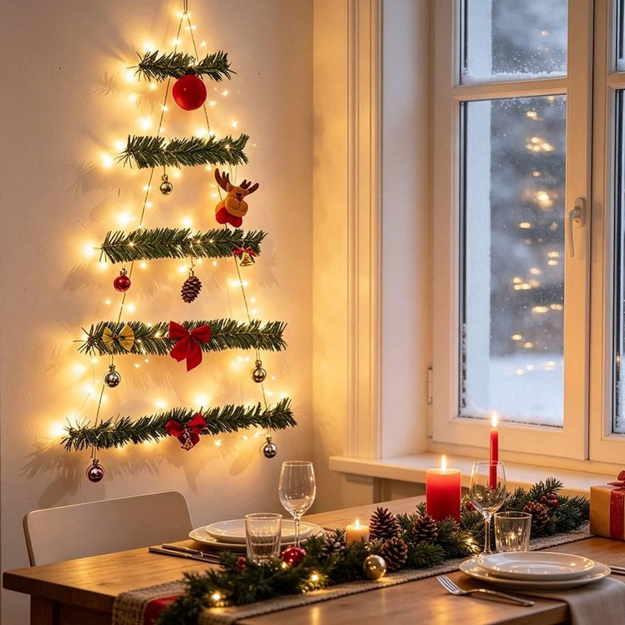 Wall Mounted Christmas Tree Garland with Warm White LED Lights, Festive Ornaments, Space Saving Holiday Decor for Living Room, Bedroom, Entryway, 43 inch