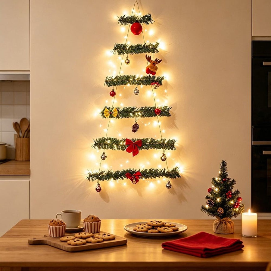 Wall Mounted Christmas Tree Garland with Warm White LED Lights, Festive Ornaments, Space Saving Holiday Decor for Living Room, Bedroom, Entryway, 43 inch