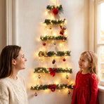 Wall Mounted Christmas Tree Garland with Warm White LED Lights, Festive Ornaments, Space Saving Holiday Decor for Living Room, Bedroom, Entryway, 43 inch