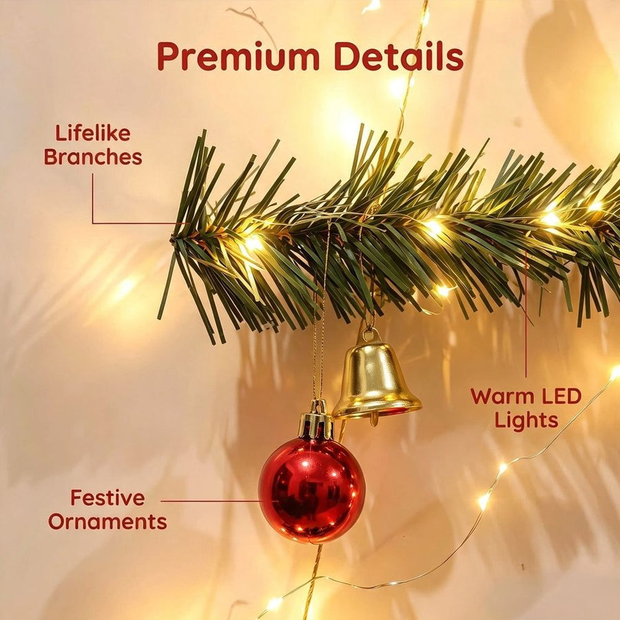 Wall Mounted Christmas Tree Garland with Warm White LED Lights, Festive Ornaments, Space Saving Holiday Decor for Living Room, Bedroom, Entryway, 43 inch