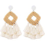 Bohemia Tassel Earrings Statement Handmade Dangle Ethnic Fringe Earrings Bamboo Weaving Geometric Square Sector Gifts for Women