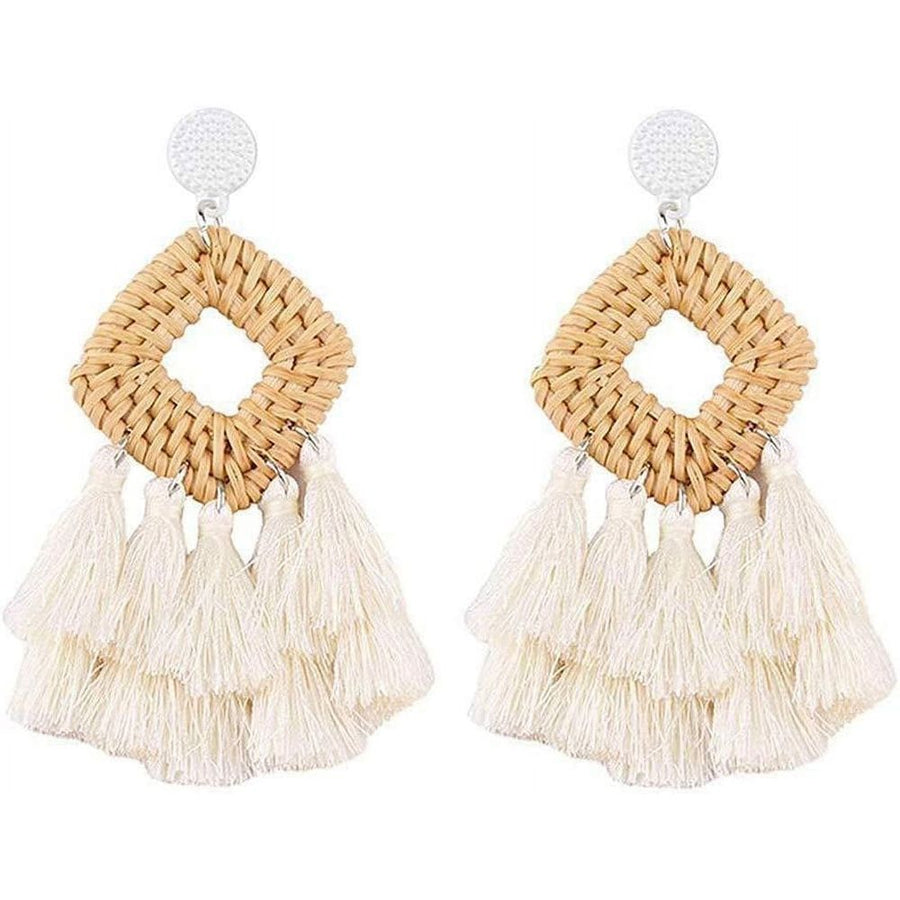 Bohemia Tassel Earrings Statement Handmade Dangle Ethnic Fringe Earrings Bamboo Weaving Geometric Square Sector Gifts for Women