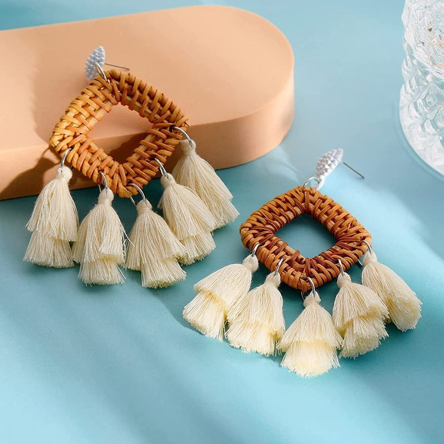Bohemia Tassel Earrings Statement Handmade Dangle Ethnic Fringe Earrings Bamboo Weaving Geometric Square Sector Gifts for Women
