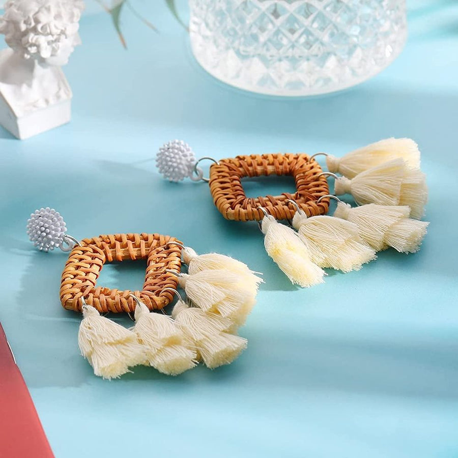 Bohemia Tassel Earrings Statement Handmade Dangle Ethnic Fringe Earrings Bamboo Weaving Geometric Square Sector Gifts for Women