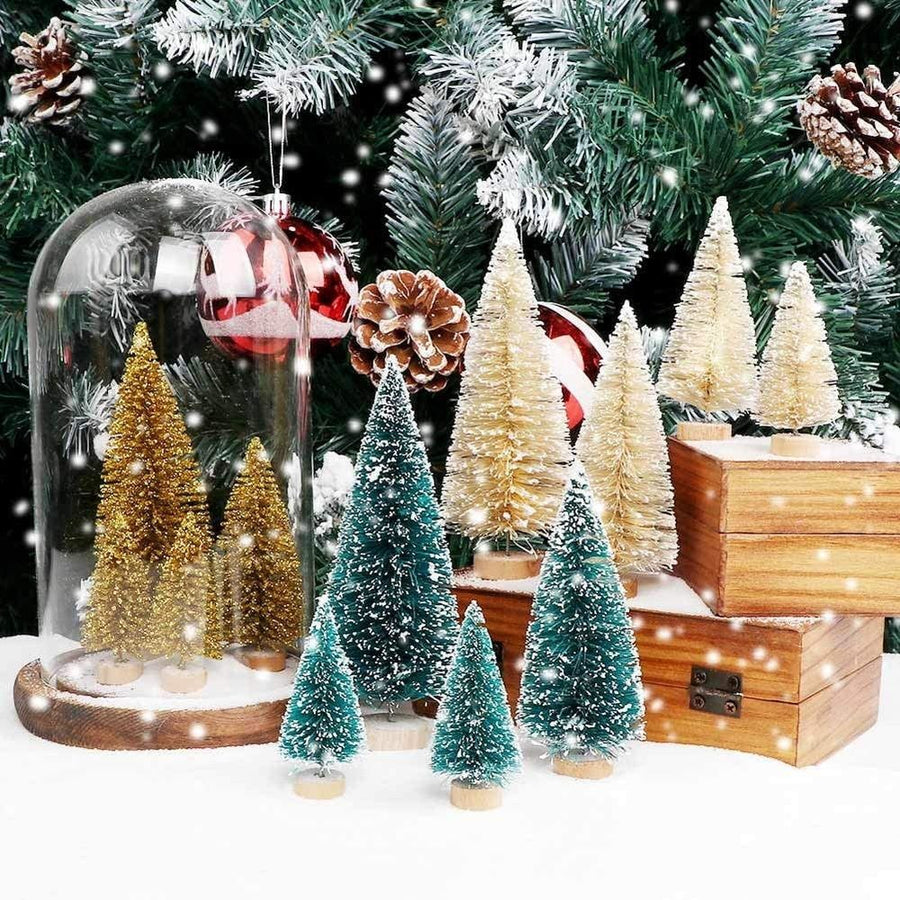 24PCS Mini Christmas Trees Bottle Brush Trees with Wood Base, Christmas Village Trees for Tabletop Christmas Decor Holiday Winter Decorations