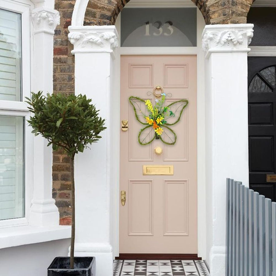 Butterfly Shaped Wreath with Pastel Berries and Floral Spring Artificial Wreaths for Front Door Decor