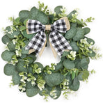 Buffalo Plaid Wreath-16 Inch Artificial Eucalyptus Wreath with Plaid Bow | Spring Summer Fall Wreath for Front Door Farmhouse Decor Festival Celebration Home Decor