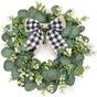 Buffalo Plaid Wreath-16 Inch Artificial Eucalyptus Wreath with Plaid Bow | Spring Summer Fall Wreath for Front Door Farmhouse Decor Festival Celebration Home Decor