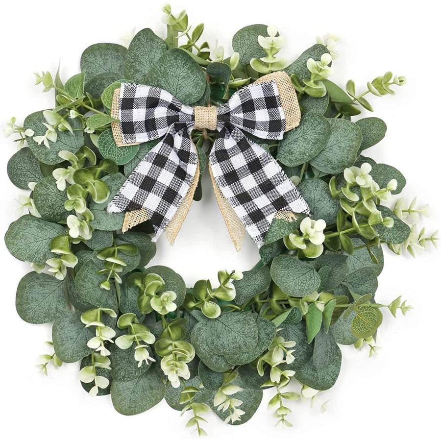 Buffalo Plaid Wreath-16 Inch Artificial Eucalyptus Wreath with Plaid Bow | Spring Summer Fall Wreath for Front Door Farmhouse Decor Festival Celebration Home Decor