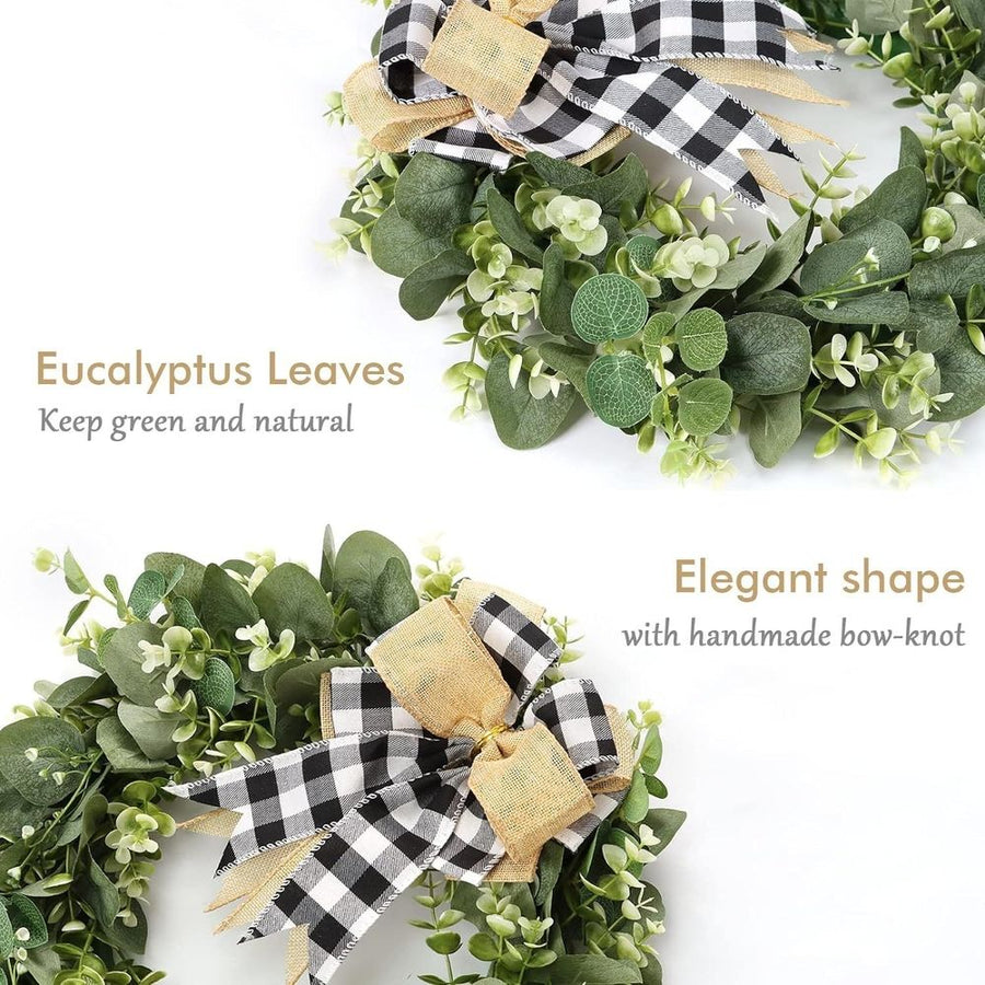 Buffalo Plaid Wreath-16 Inch Artificial Eucalyptus Wreath with Plaid Bow | Spring Summer Fall Wreath for Front Door Farmhouse Decor Festival Celebration Home Decor