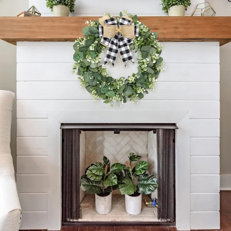 Buffalo Plaid Wreath-16 Inch Artificial Eucalyptus Wreath with Plaid Bow | Spring Summer Fall Wreath for Front Door Farmhouse Decor Festival Celebration Home Decor