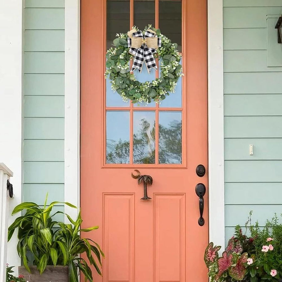 Buffalo Plaid Wreath-16 Inch Artificial Eucalyptus Wreath with Plaid Bow | Spring Summer Fall Wreath for Front Door Farmhouse Decor Festival Celebration Home Decor