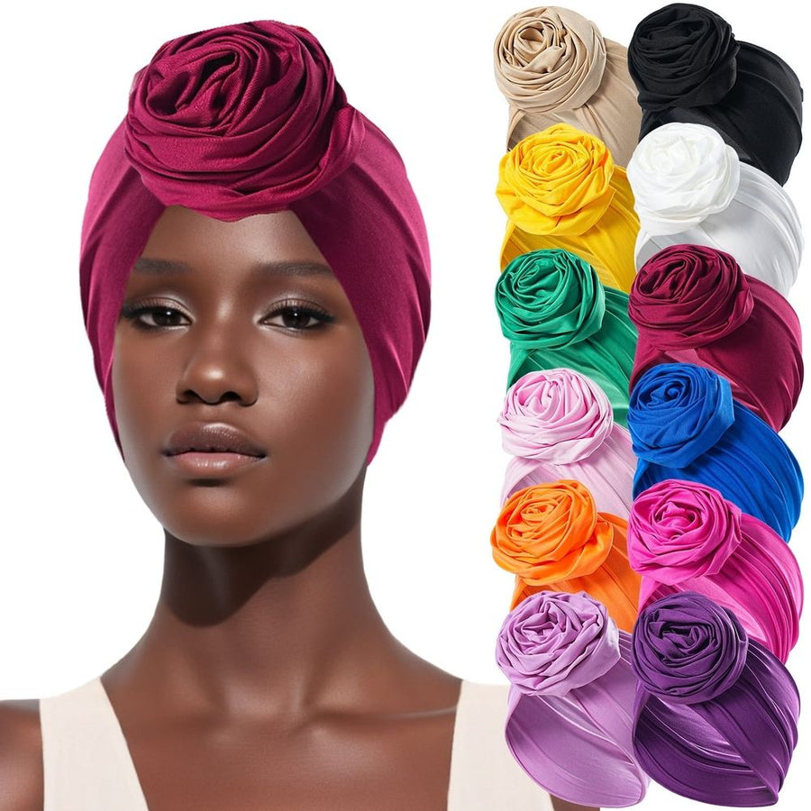 Women  Flower Headband Elastic Cap Pre-Tied Scarf Bonnet Beanie Headwrap