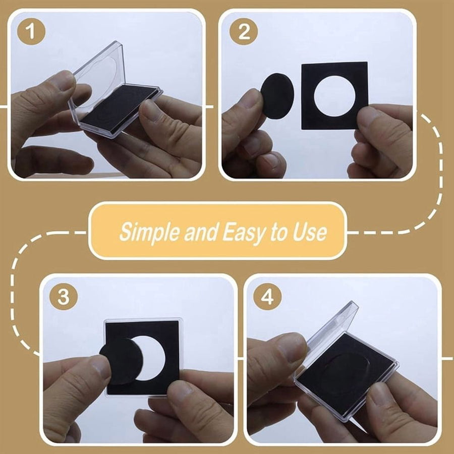 Coin capsule box set of 50 pieces, 5x5cm transparent plastic coin holder with black pad, used for collecting coins