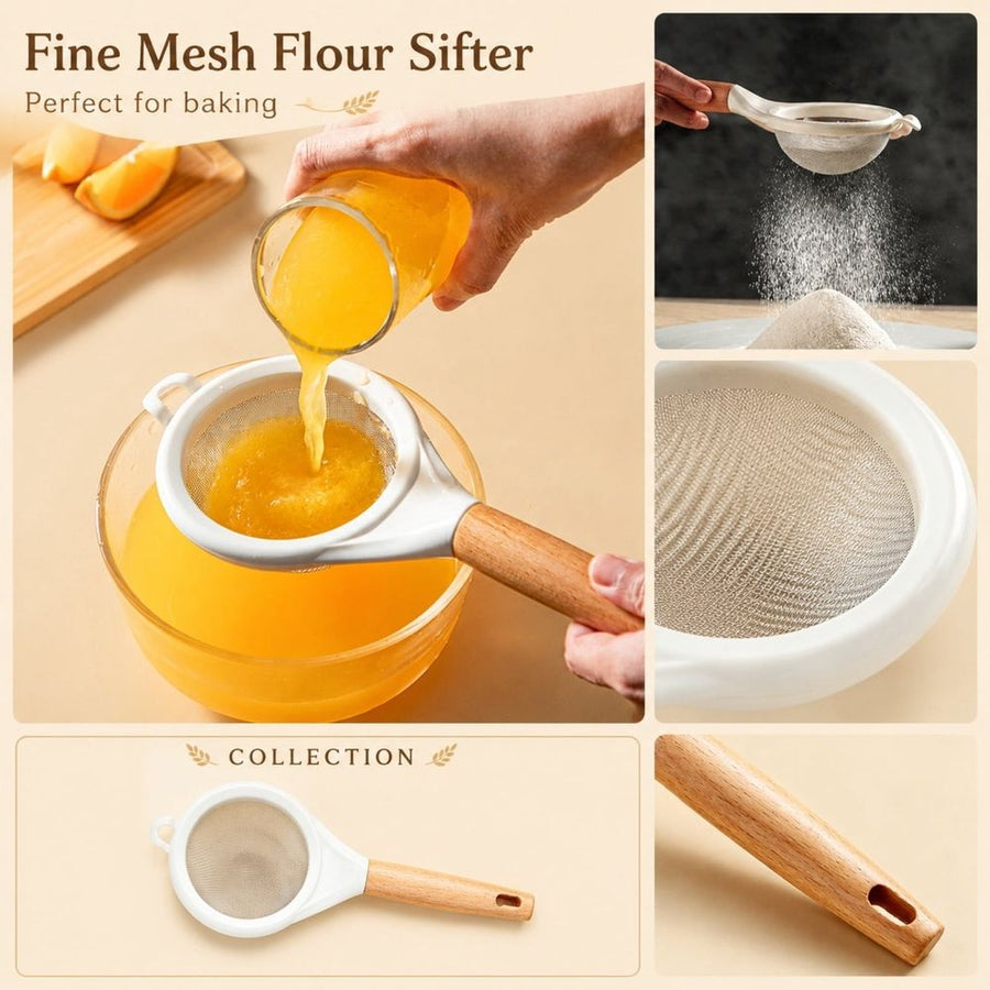 Flour Sieve with Beech Wood Handle Fine Mesh Strainer Stainless Steel Powdered Sugar Filter Baking Tool for Home Kitchen Sifting and Dusting Ingredients for Baking