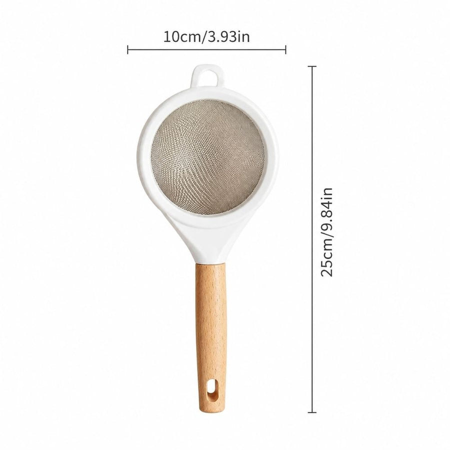 Flour Sieve with Beech Wood Handle Fine Mesh Strainer Stainless Steel Powdered Sugar Filter Baking Tool for Home Kitchen Sifting and Dusting Ingredients for Baking