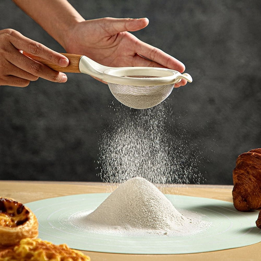 Flour Sieve with Beech Wood Handle Fine Mesh Strainer Stainless Steel Powdered Sugar Filter Baking Tool for Home Kitchen Sifting and Dusting Ingredients for Baking