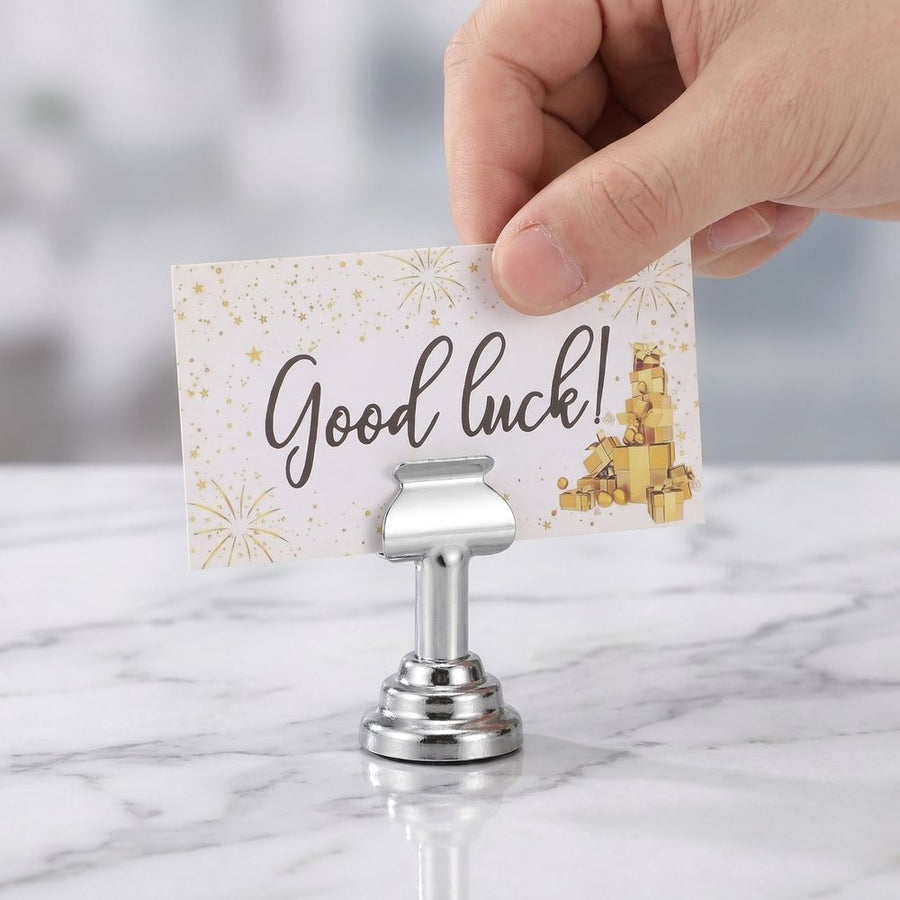 4Pcs Plated Silver Metal Menu Card Holder Stand with Round Base for Buffet and Reception Tables