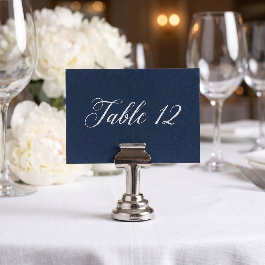 4Pcs Plated Silver Metal Menu Card Holder Stand with Round Base for Buffet and Reception Tables