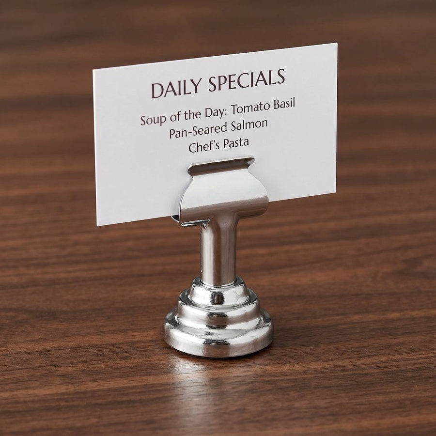 4Pcs Plated Silver Metal Menu Card Holder Stand with Round Base for Buffet and Reception Tables