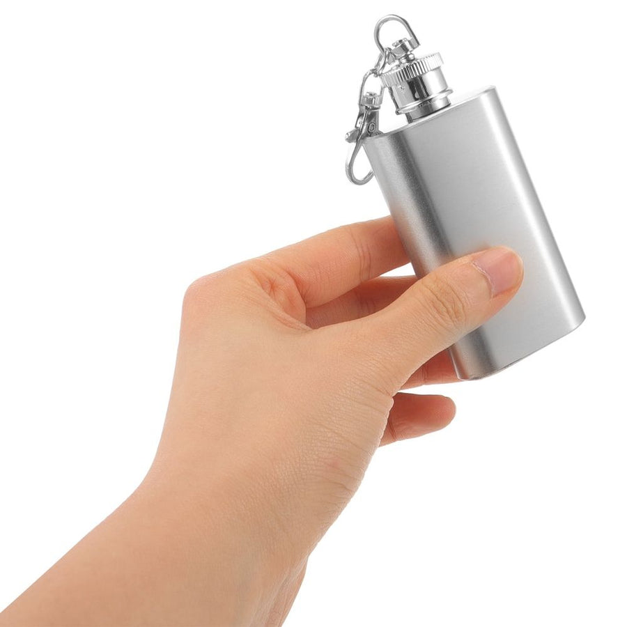 Silver Pocket Flask with Keychain Flat Lid Waterproof for Hiking