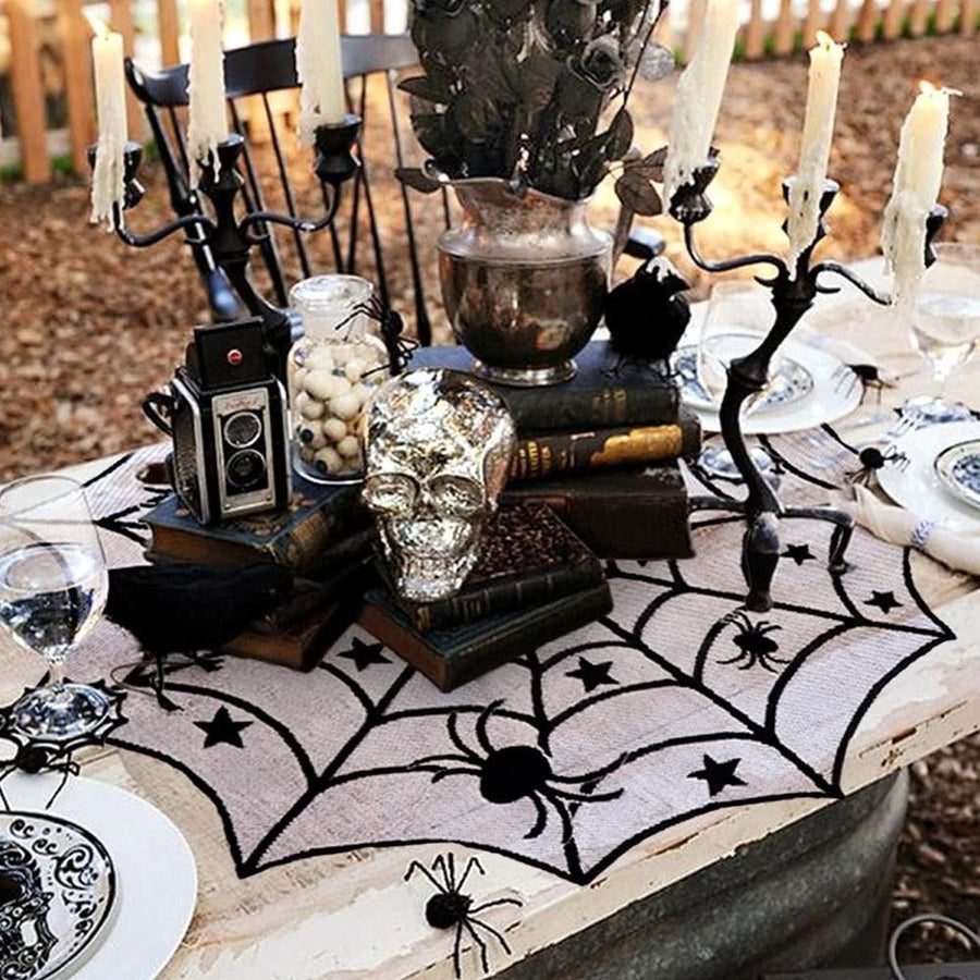 Lace Spider Web Table Topper Cloth, 40-Inch Round Black Halloween Tablecloth for Halloween Table Decorations