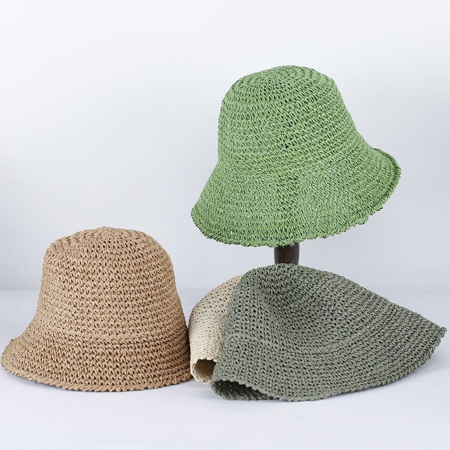 Womens Straw Sun Hat Woven Bucket Hat Fishing Hat Beach Hat Foldable Cap Solid Color Straw Beach Hat Summer