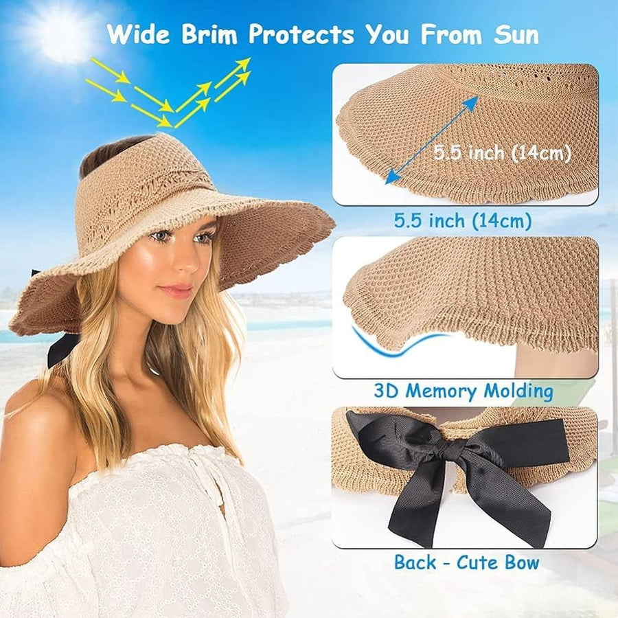 Women’s Straw Crochet Beach Sun Visor Poneytail Hats Adjustable Floppy Hat
