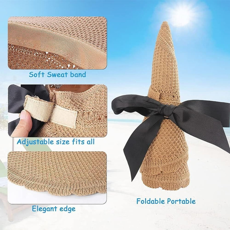 Women’s Straw Crochet Beach Sun Visor Poneytail Hats Adjustable Floppy Hat
