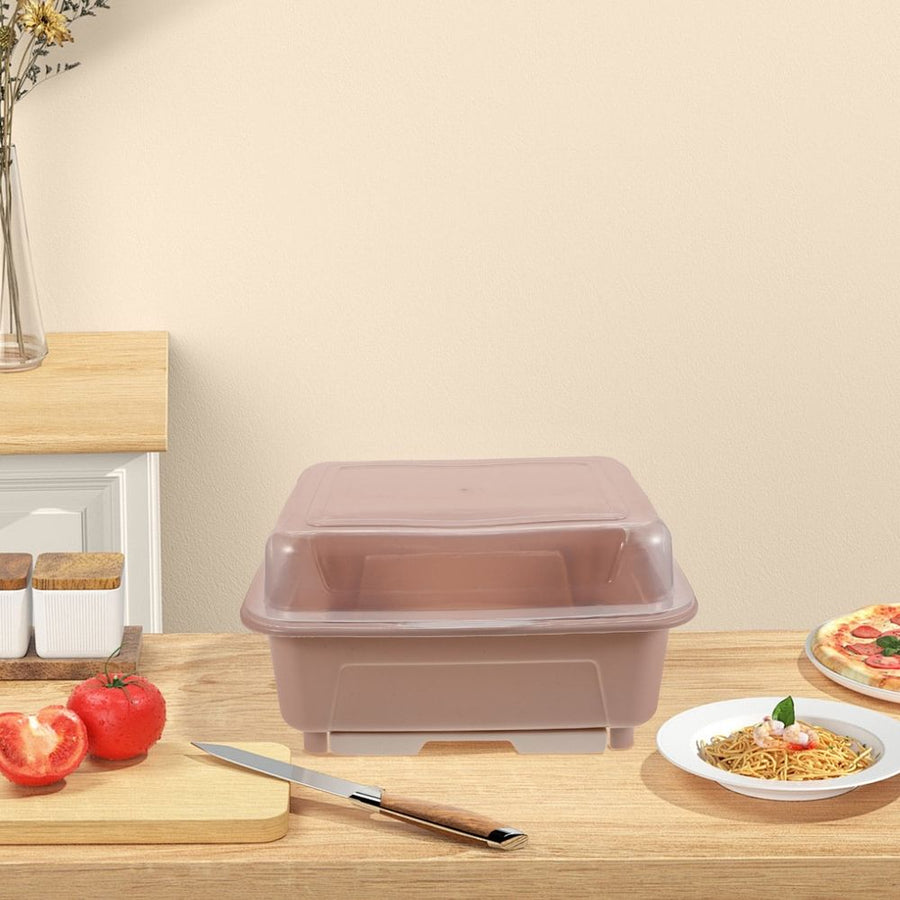Efficient Water Draining Pink Dish Rack with Transparent Cover