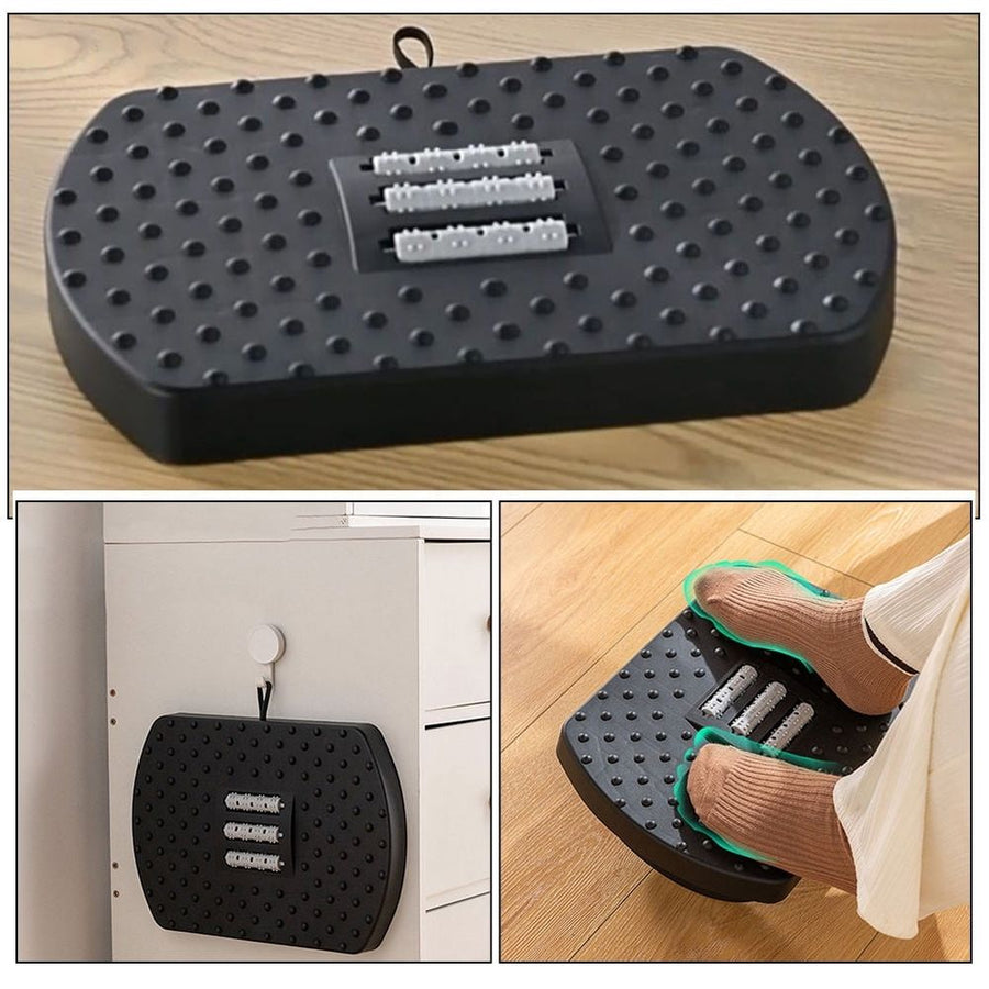 Black Plastic Footrest with Massage Rollers for Under Desk Comfort at Home and Office Workspace