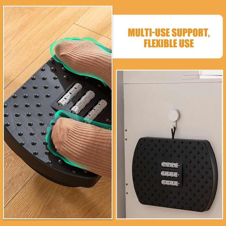 Black Plastic Footrest with Massage Rollers for Under Desk Comfort at Home and Office Workspace