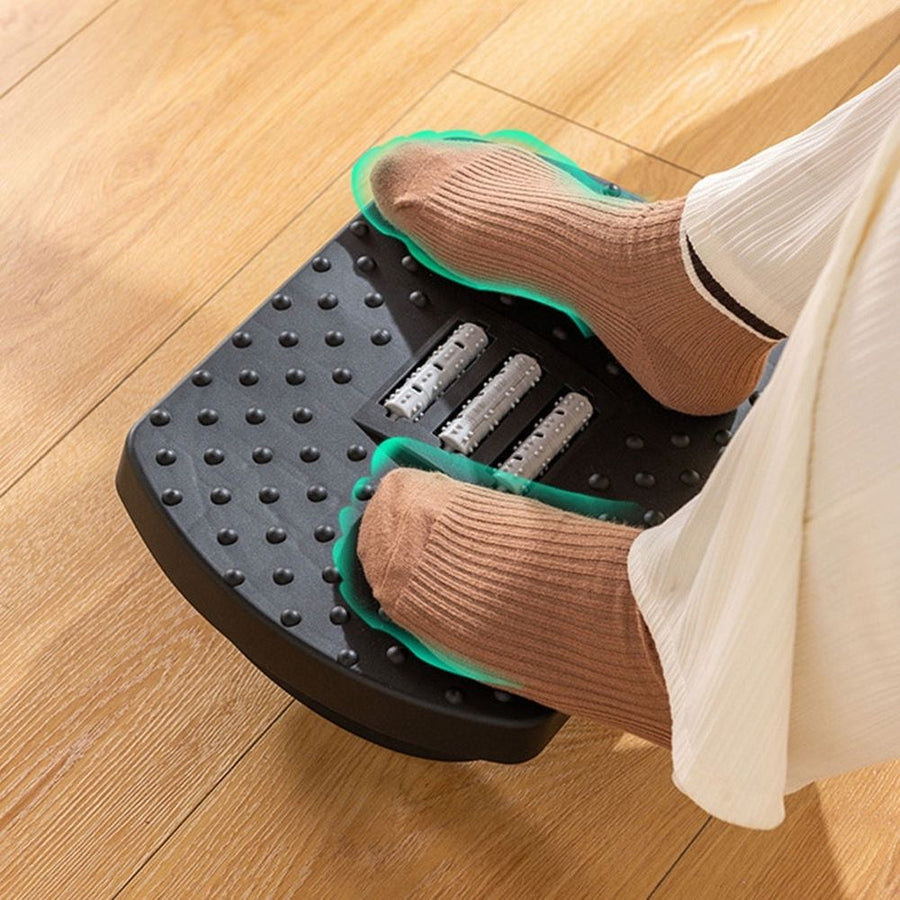 Black Plastic Footrest with Massage Rollers for Under Desk Comfort at Home and Office Workspace