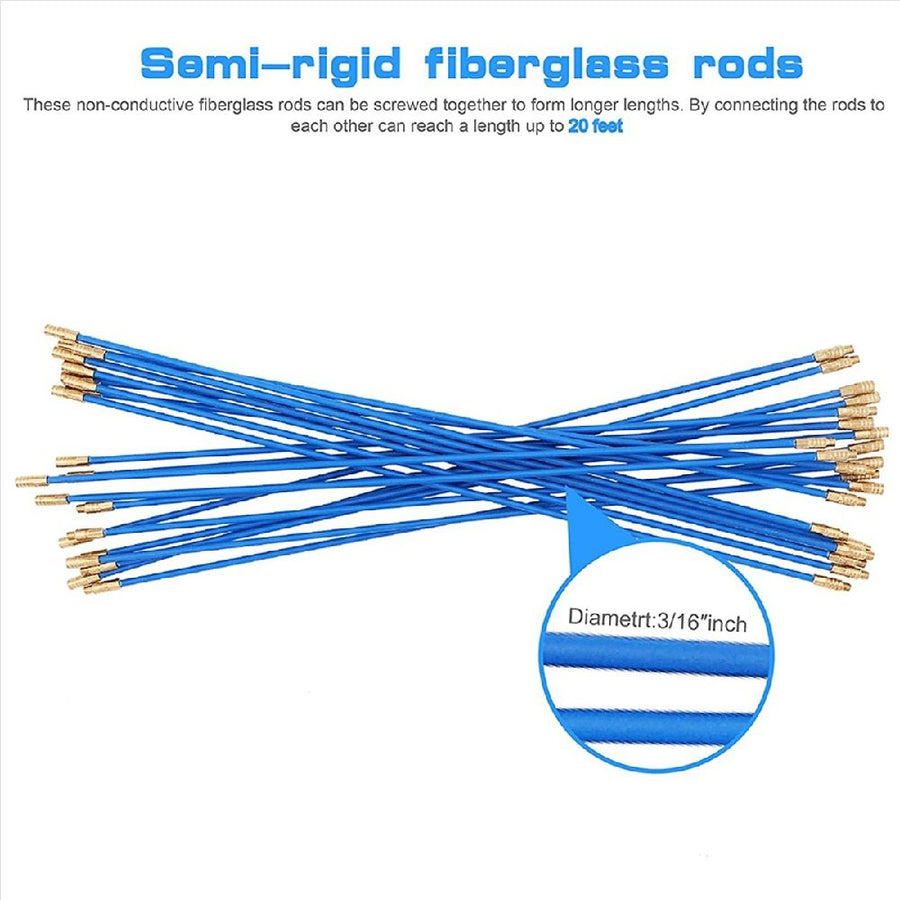 2 Set 20 Feet Fiberglass Fish Tape Cable Rods,Electrical Wire Running PushPull Kit with Hook and Hole Kit