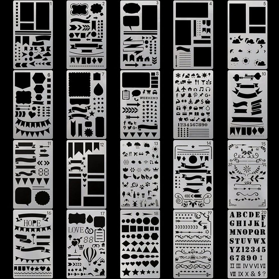 Junk Journaling Stencil Set Template Geometry Shape Planner Stencil Scrapbooking Stencils for Painting and Decor 1-20,1Set x Junk Journaling Stencil