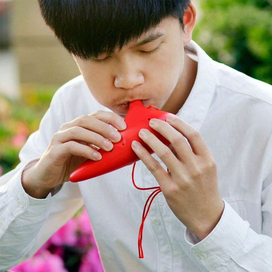 12-Hole Red ABS Plastic Ocarina for Beginners with Carrying Case and Storage Bag Included
