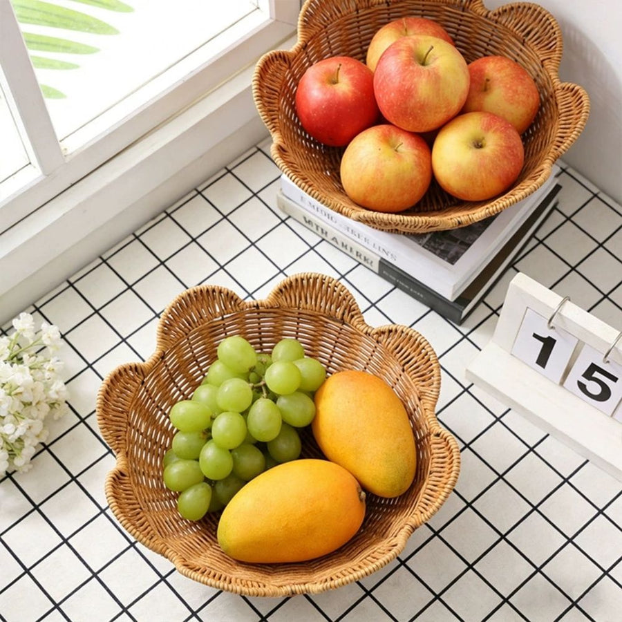 Small Round Rattan Weaving Fruit Basket, 12.2' Woven Wicker Bowl, Multi-Functional Tabletop Storage Basket for Kitchen Counter Key Storage and Snack Display