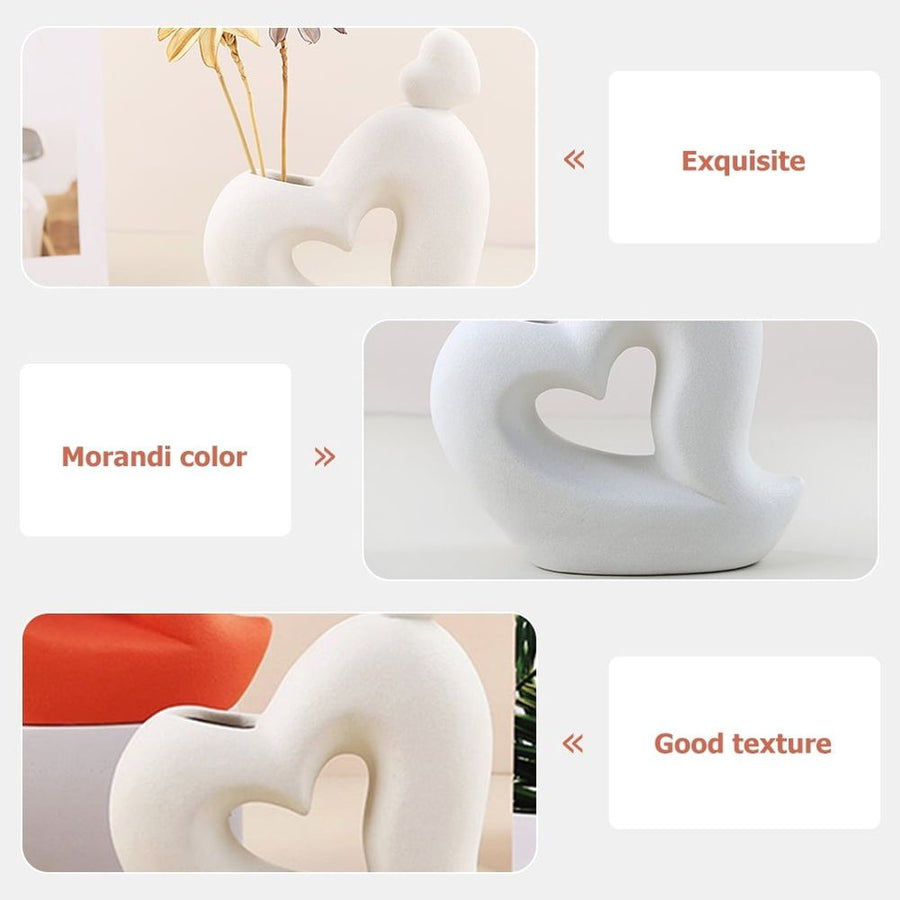 Ceramic Heart Vase White Flower Container for Desk Decoration