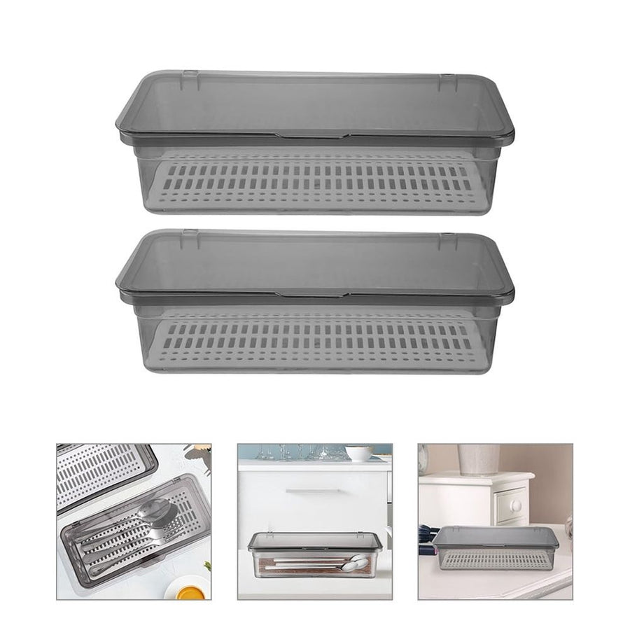 3-Piece Grey Plastic Spoon and Chopstick Organizer Tray with Lid for Kitchen Drawer Storage and Organization