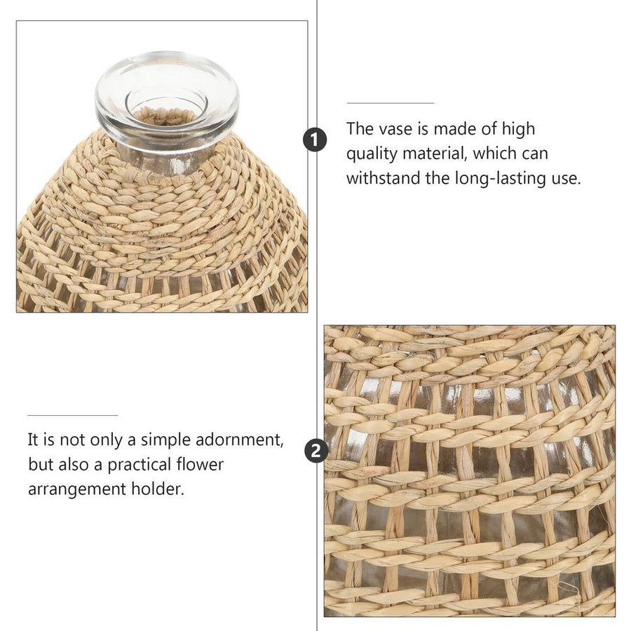 Handmade Woven Vase Light Brown Glass Natural Grass Home Adorn 1Pc