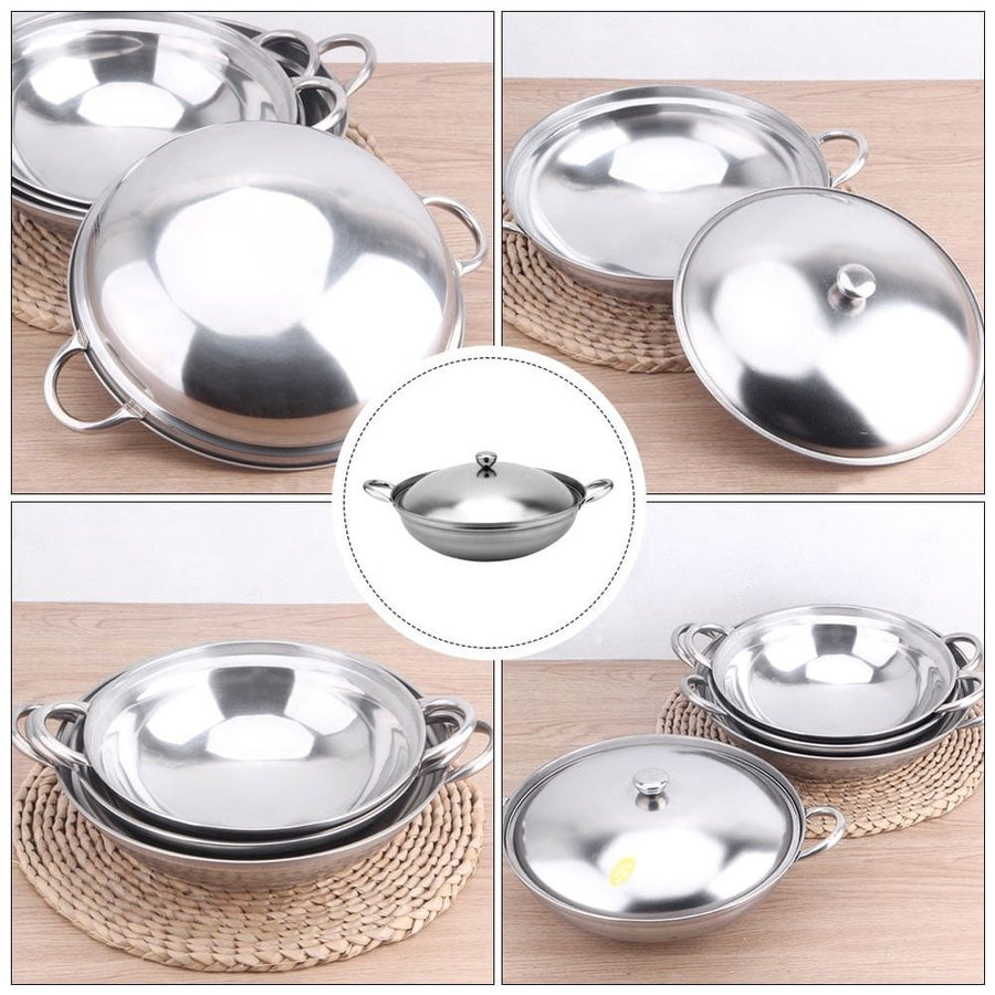 1Set Plated Silver Stainless Steel Hot-Pot Pan with Lid Double Handle for Seafood