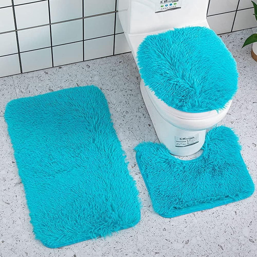 3Pcs Ultra Soft Bath Rug Set,Includes Bath Rug, Contour Mat, and Toilet Lid Cover,Bath Mat 19"X 30",Mat19"X 19",Lid cover19"X 19"(Turquoise)