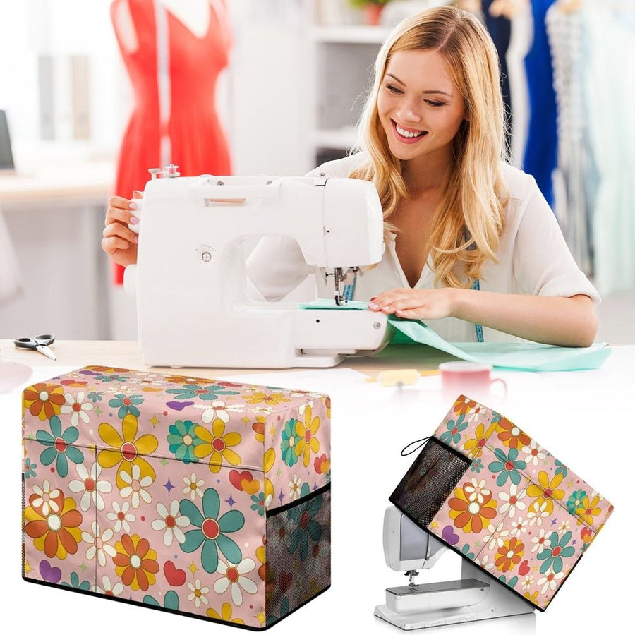 Embroidered Floral Sewing Machine Cover with Storage Pockets, Quilted Dust Proof Protective Case for Most Standard Sewing Machine Foldable Sewing Machine Cover