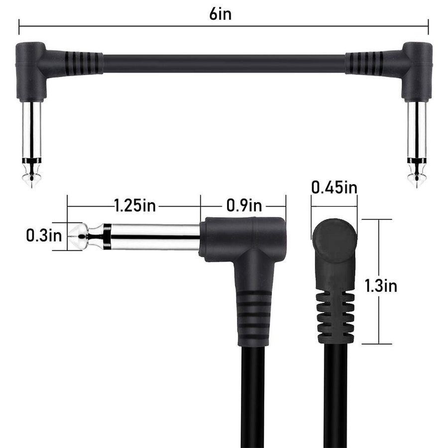 6 Pack 12 Inch Guitar Patch Cables, Black Guitar Pedal Cable Effect Cable Cord, TS Right Angle Guitar Patch Cable