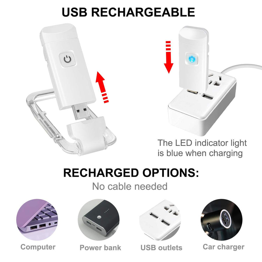 White USB Rechargeable Book Light for Eye-Protection, LED Clip on Portable Bookmark Light easy and convenient
