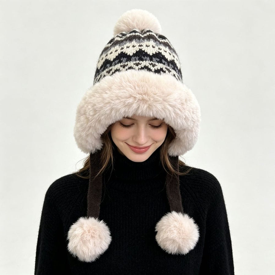 Ladies Fair Isle Pattern Cold Weather Cap Soft Acrylic Knit Thermal Headwear For Winter Daily Use