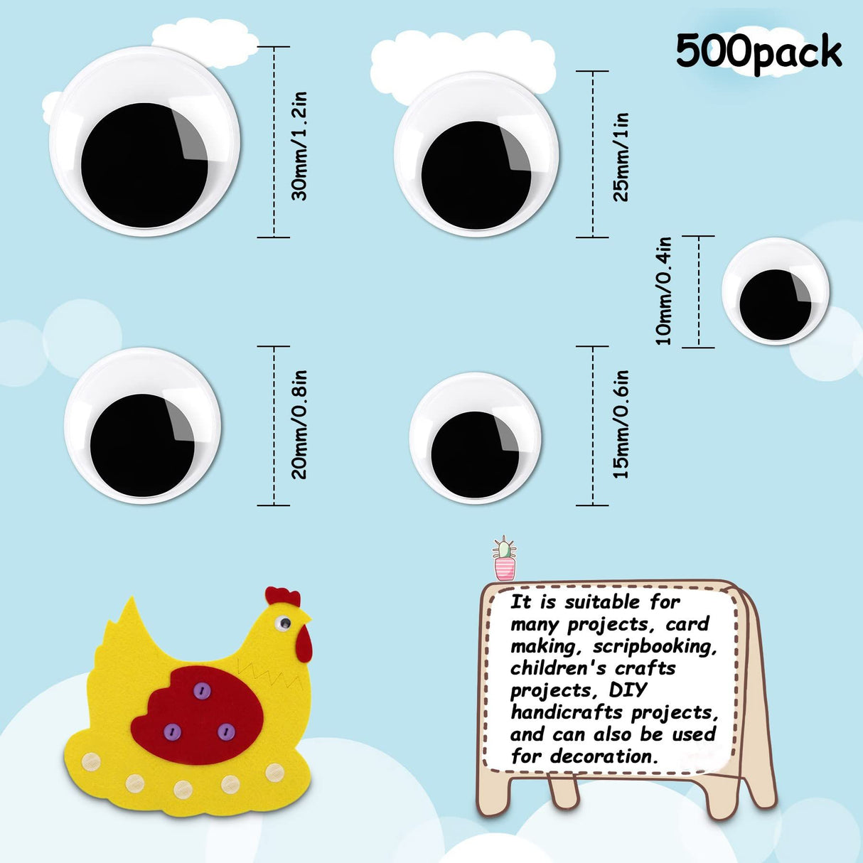 500 Pieces Eyes Self Adhesive Black White Craft Eyes for DIY Crafts Decoration (0.4 in, 0.6 in, 0.8 in, 1 in, 1.2 in)