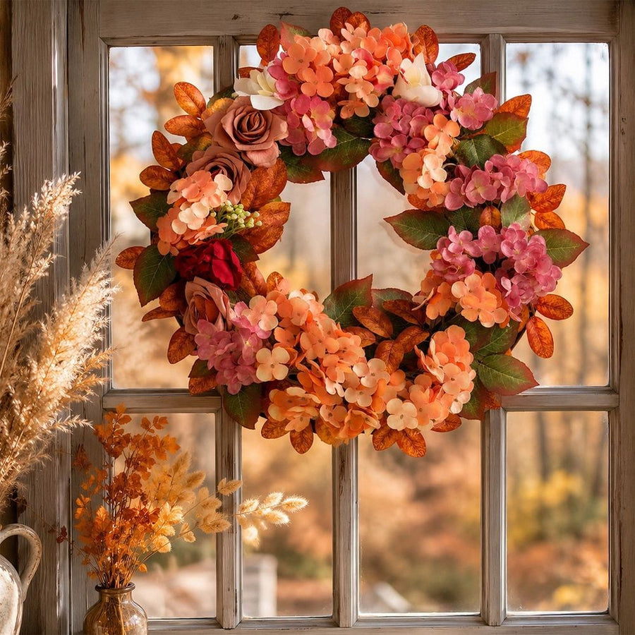 Artificial Fall Wreath with Hydrangea and Roses | Front Door Floral Wreath for Thanksgiving, Porch, Wall, Mantel, Window, Entryway Home Decor