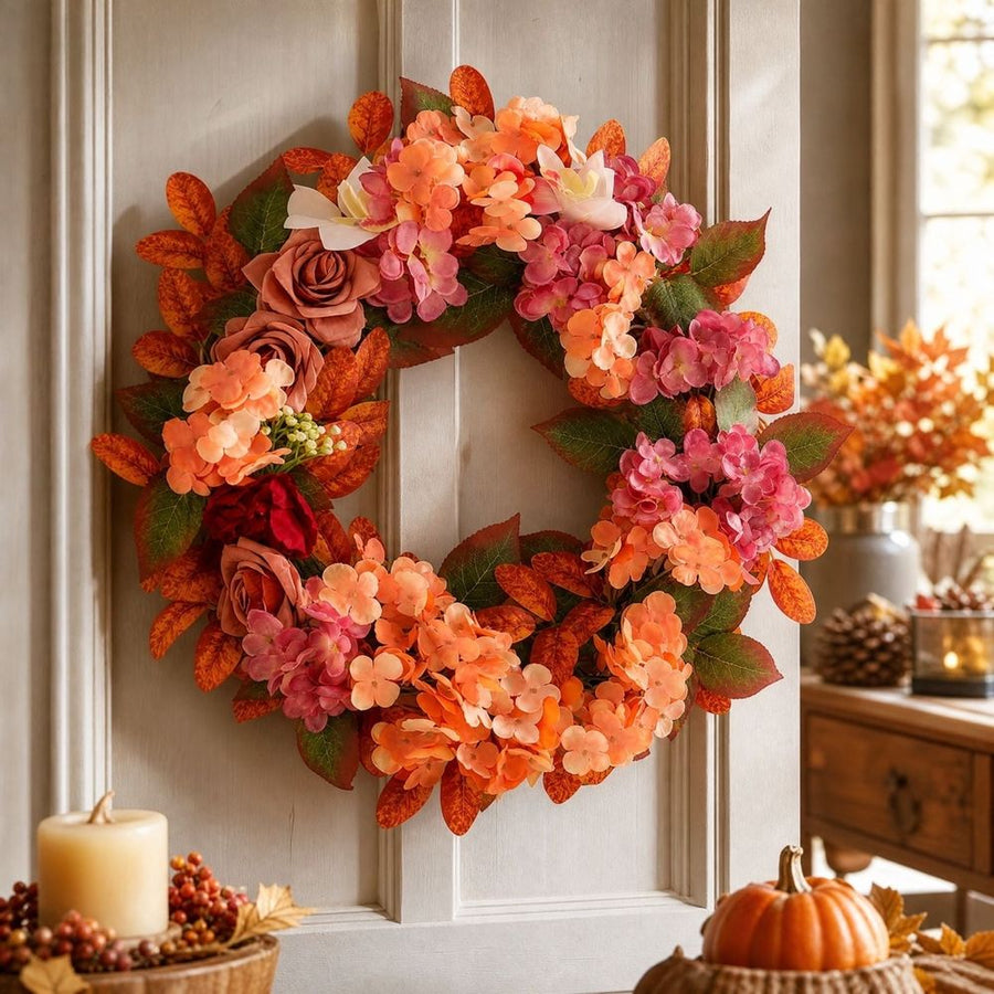 Artificial Fall Wreath with Hydrangea and Roses | Front Door Floral Wreath for Thanksgiving, Porch, Wall, Mantel, Window, Entryway Home Decor