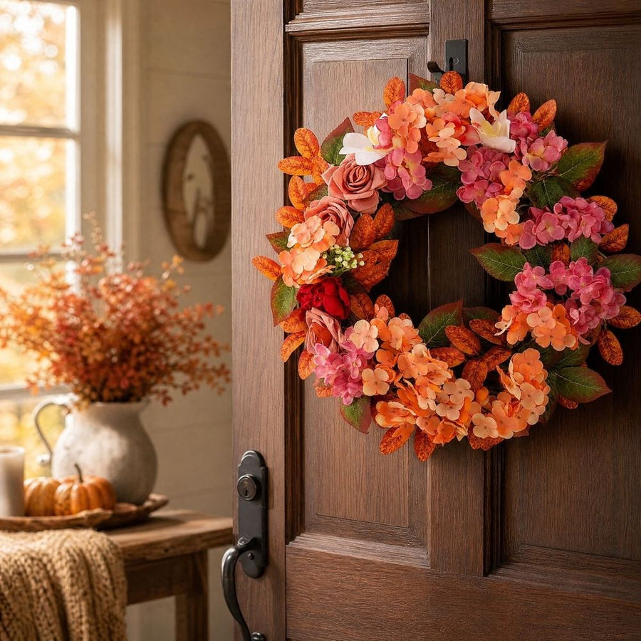 Artificial Fall Wreath with Hydrangea and Roses | Front Door Floral Wreath for Thanksgiving, Porch, Wall, Mantel, Window, Entryway Home Decor